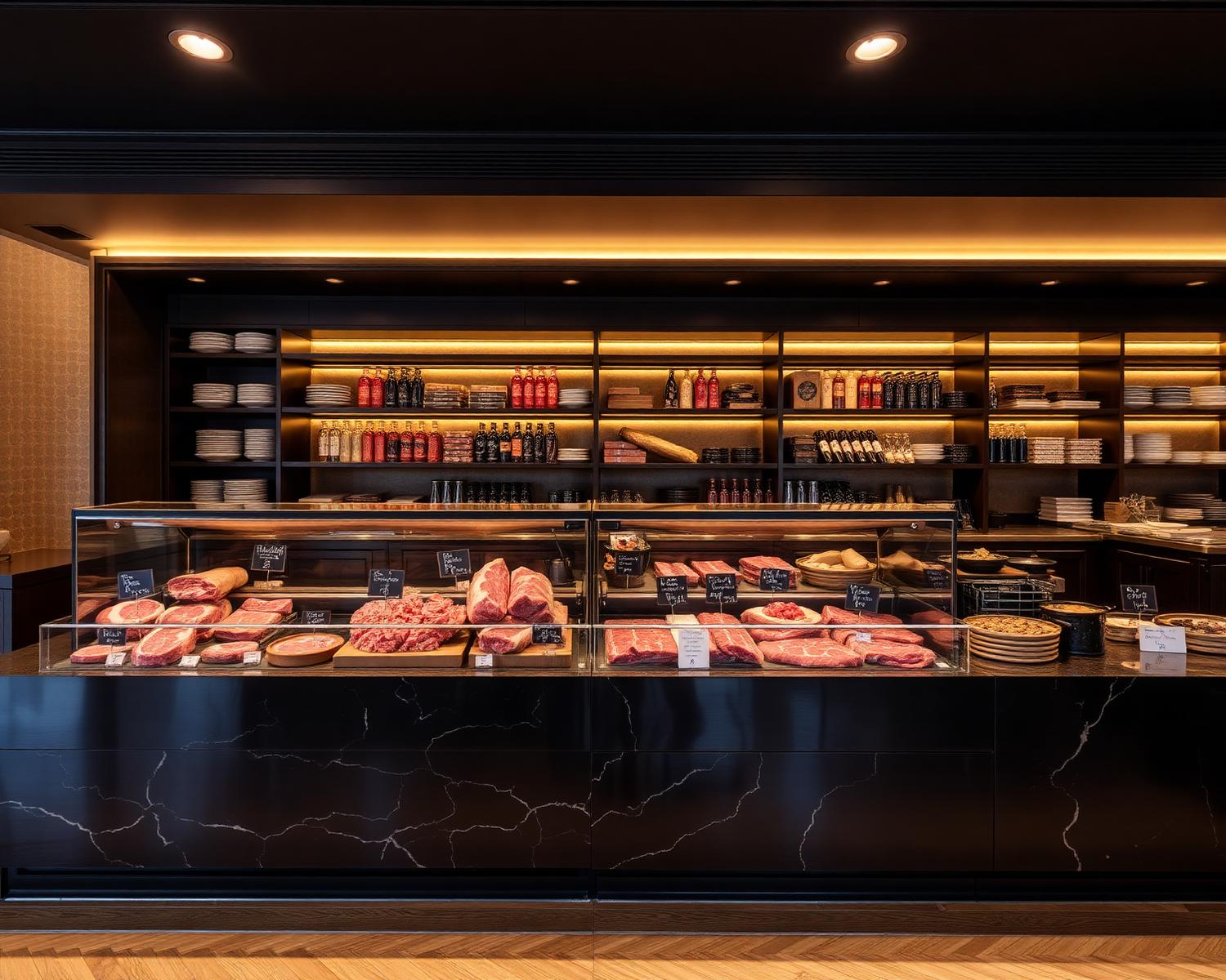 Balcão organizado com cortes premium no Açougue Krupek